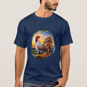 Sweet Stained Glass Chickens Rooster and Sunrise T-Shirt