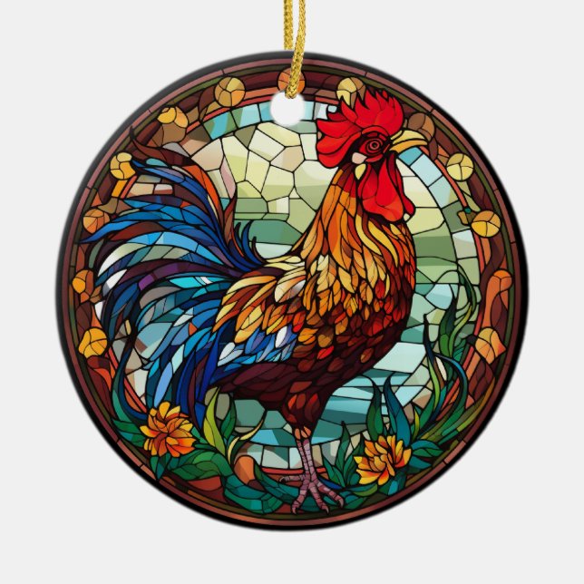 Sweet Stained Glass Chickens Rooster  Ceramic Tree Decoration (Front)