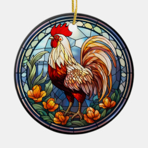 Sweet Stained Glass Chickens Rooster Ceramic Tree Decoration