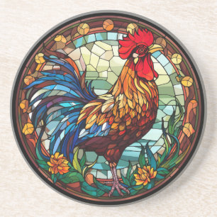 Sweet Stained Glass Chickens Rooster Coaster
