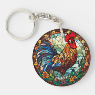 Sweet Stained Glass Chickens Rooster Key Ring