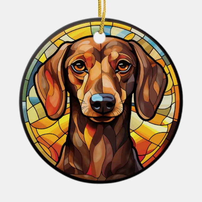 Sweet Stained Glass Dachsund Dog Ceramic Tree Decoration (Front)