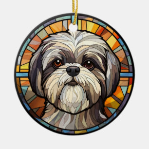 Sweet Stained Glass Dog Shih Tsu Ceramic Tree Decoration