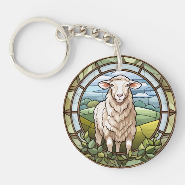 Sweet Stained Glass Farm Sheep Lamb Key Ring (Front)