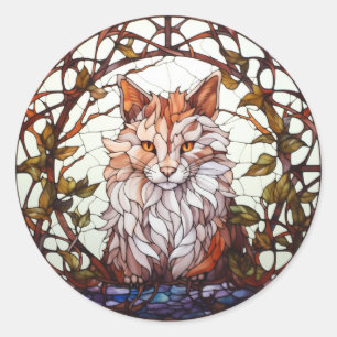 Sweet Stained Glass Forest Cat Classic Round Sticker
