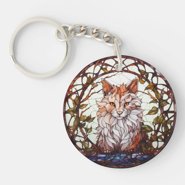 Sweet Stained Glass Forest Cat Key Ring (Front)