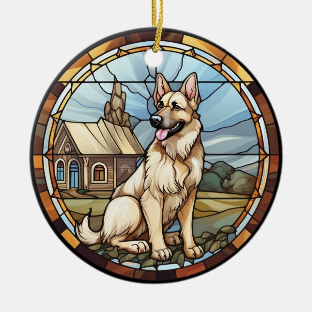 Sweet Stained Glass German Shepherd Dog Ceramic Tree Decoration (Front)