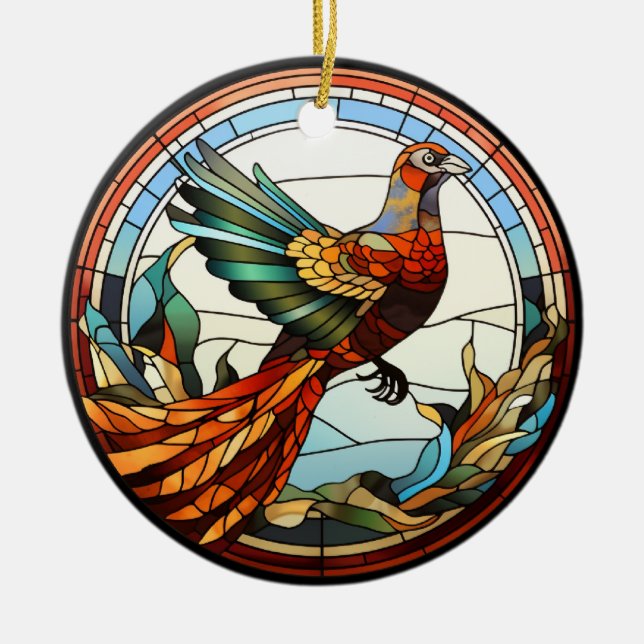 Sweet Stained Glass Golden Pheasant Ceramic Tree Decoration (Front)