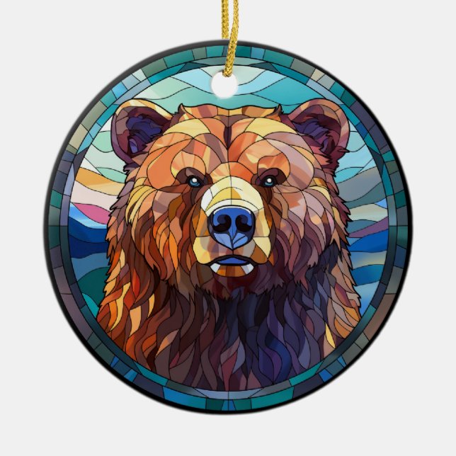 Sweet Stained Glass Grizzly Bear Ceramic Tree Decoration (Front)