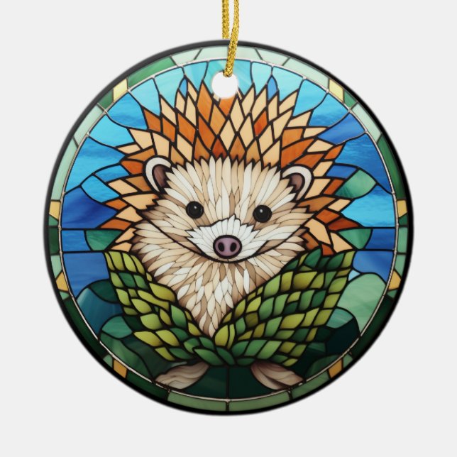 Sweet Stained Glass Hedgehog Ceramic Tree Decoration (Front)