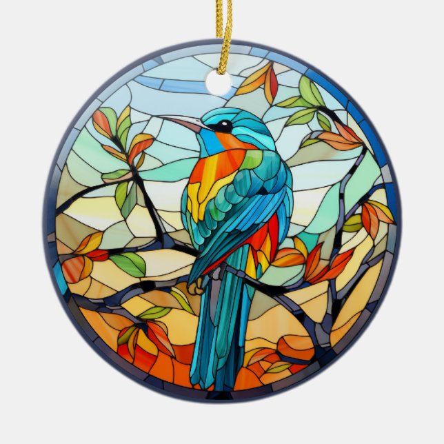 Sweet Stained Glass Kingfisher Bird Ceramic Tree Decoration (Front)