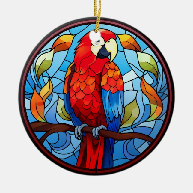 Sweet Stained Glass Scarlet Macaw Parrot Bird Ceramic Tree Decoration (Front)