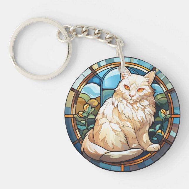 Sweet Stained Glass White Cat Key Ring (Front)