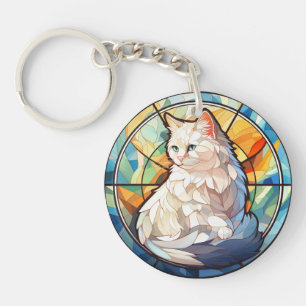 Sweet Stained Glass White Cat Key Ring