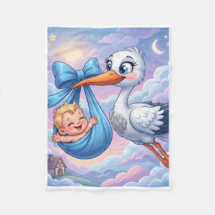 Sweet Stork And Newborn Baby Blue Sky Fleece Blank Blanket
