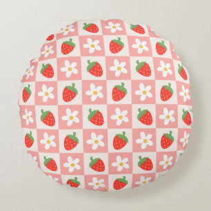Sweet Strawberries & Flowers Round Pillow