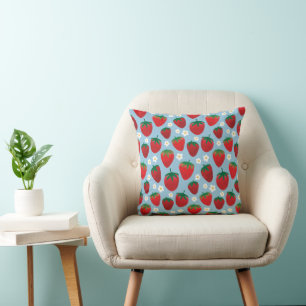 Sweet Strawberries Pattern on Blue Cushion