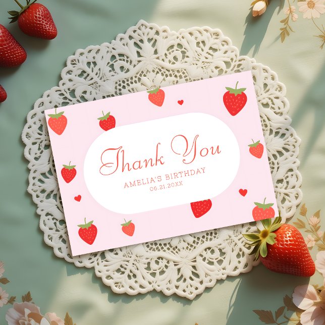 Sweet Strawberries Pink Girly Birthday Thank You Card (Creator Uploaded)