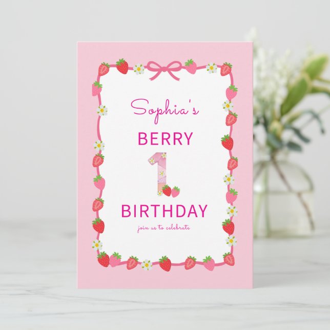 Sweet Strawberry 1st Birthday Invitation (Standing Front)
