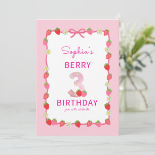 Sweet Strawberry 3rd Birthday Invitation
