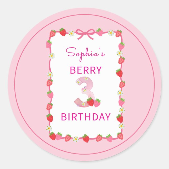 Sweet Strawberry 3rd Birthday Invitation Classic Round Sticker (Front)