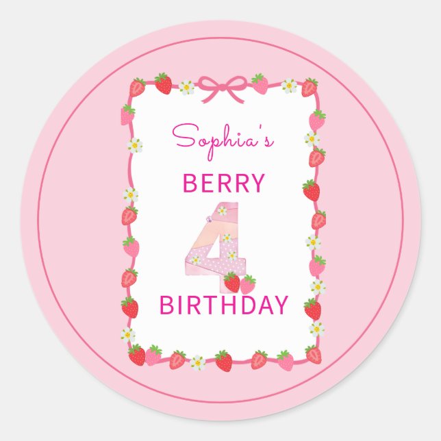 Sweet Strawberry 4th Birthday Invitation Classic Round Sticker (Front)