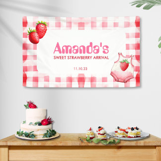 Sweet Strawberry Arrival Gingham Baby Shower Pink  Banner