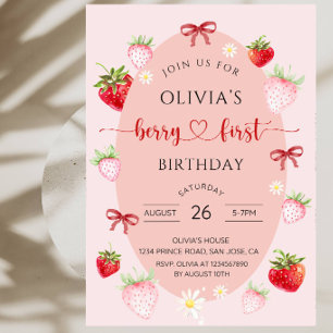 Sweet Strawberry Berry 1st Birthday for Girls Invitation