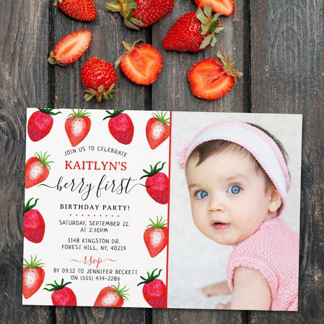 Sweet Strawberry Berry First 1st Birthday Photo Invitation (Creator Uploaded)