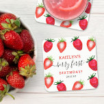 Sweet Strawberry Berry First 1st Birthday Square Paper Coaster<br><div class="desc">These sweet strawberry coasters are perfect for any little one celebrating a first Birthday this year. The design features hand painted watercolor strawberries and easy to personalise template wording. Matching party items can be found in the collection.</div>