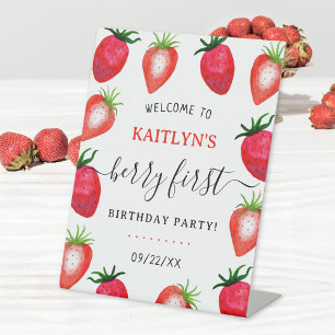 Sweet Strawberry Berry First 1st Birthday Welcome Pedestal Sign
