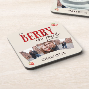Sweet Strawberry Couple Photo Red Text Design Type Coaster