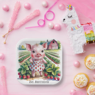 Sweet Strawberry Farm Pig Girl 1st. Birthday Party Paper Plate