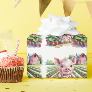 Sweet Strawberry Farm Pig Girl 1st. Birthday Party Wrapping Paper