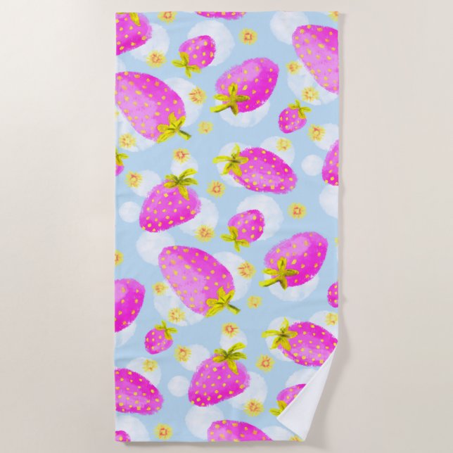 Sweet Strawberry Fields Pastel Blue Beach Towel (Front)