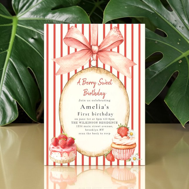Sweet Strawberry First Birthday Celebration Invitation (Creator Uploaded)