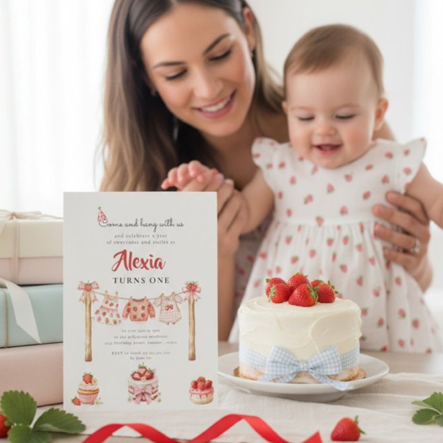 Sweet Strawberry First Birthday Outfit Clothesline Invitation (Creator Uploaded)