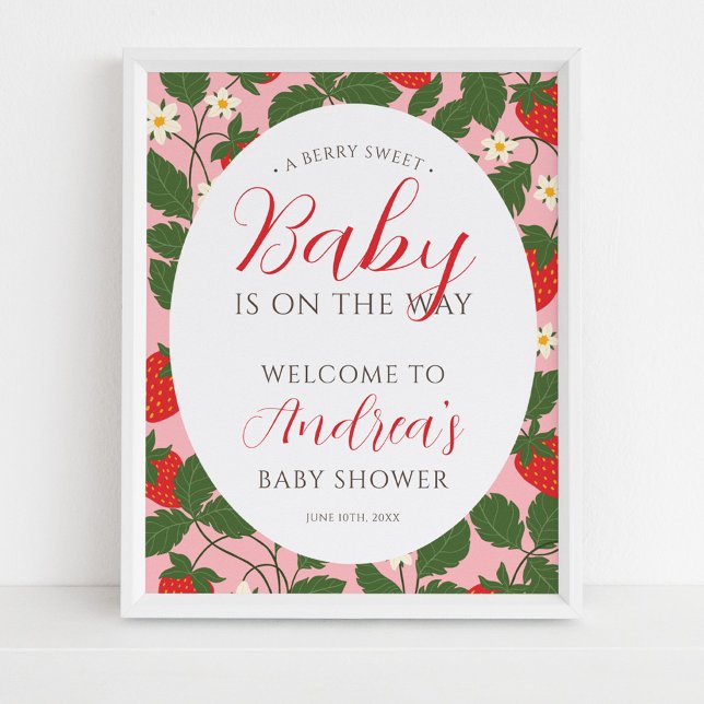Sweet Strawberry Floral Girl Baby Shower Welcome Poster (Creator Uploaded)