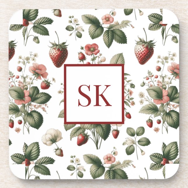 Sweet Strawberry & Floral Pattern Custom Monogram Coaster (Front)