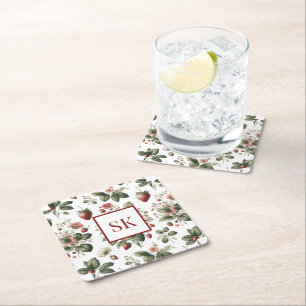Sweet Strawberry & Floral Pattern Custom Monogram Square Paper Coaster