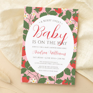 Sweet Strawberry Floral Vine Pink Girl Baby Shower Invitation