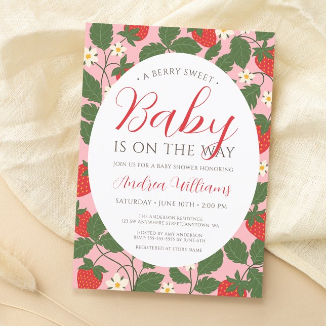 Sweet Strawberry Floral Vine Pink Girl Baby Shower Invitation (Creator Uploaded)