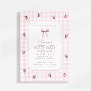 Sweet Strawberry Gingham Berry First Birthday Invi Announcement