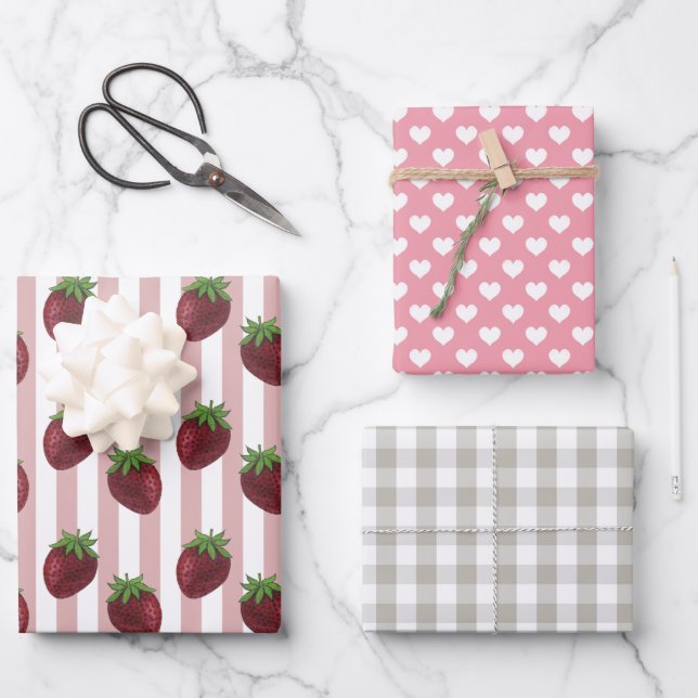Sweet Strawberry Gingham Love Wrapping Paper Sheet (Front)