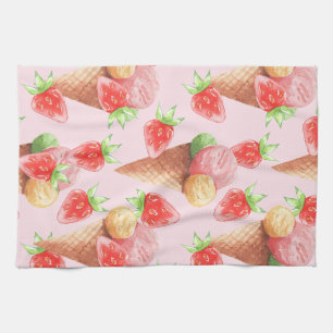 Sweet Strawberry Ice Cream Watercolor  Apro Tea Towel