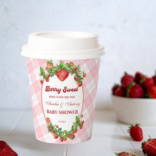 Sweet Strawberry Pink Gingham Baby Shower Paper Cups