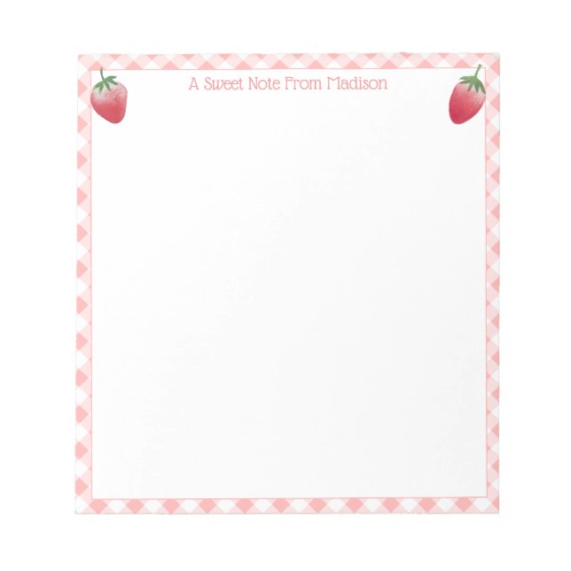 Sweet Strawberry Pink Gingham Check Girl's Notepad (Front)