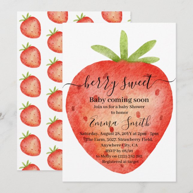 Sweet Strawberry Watercolor Baby Shower Invitation (Front/Back)