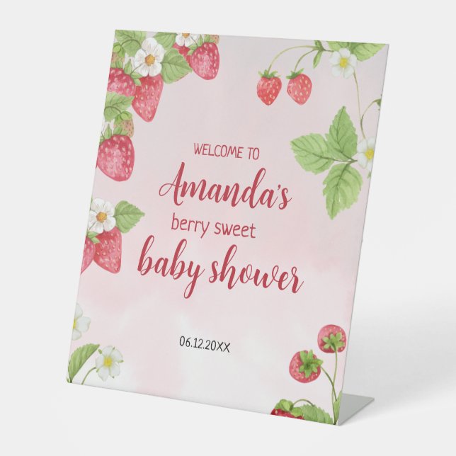 Sweet Strawberry Watercolor Baby Shower Pedestal Sign (Front)