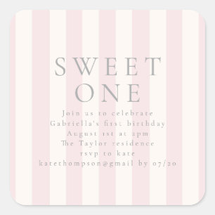 Sweet Stripes first birthday pink invite Square Sticker
